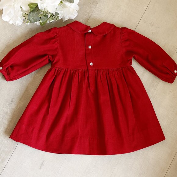 Red 100% Corduroy Smocked Dress Traditional Size 6/9 Months Boutique NWT - Picture 4 of 5